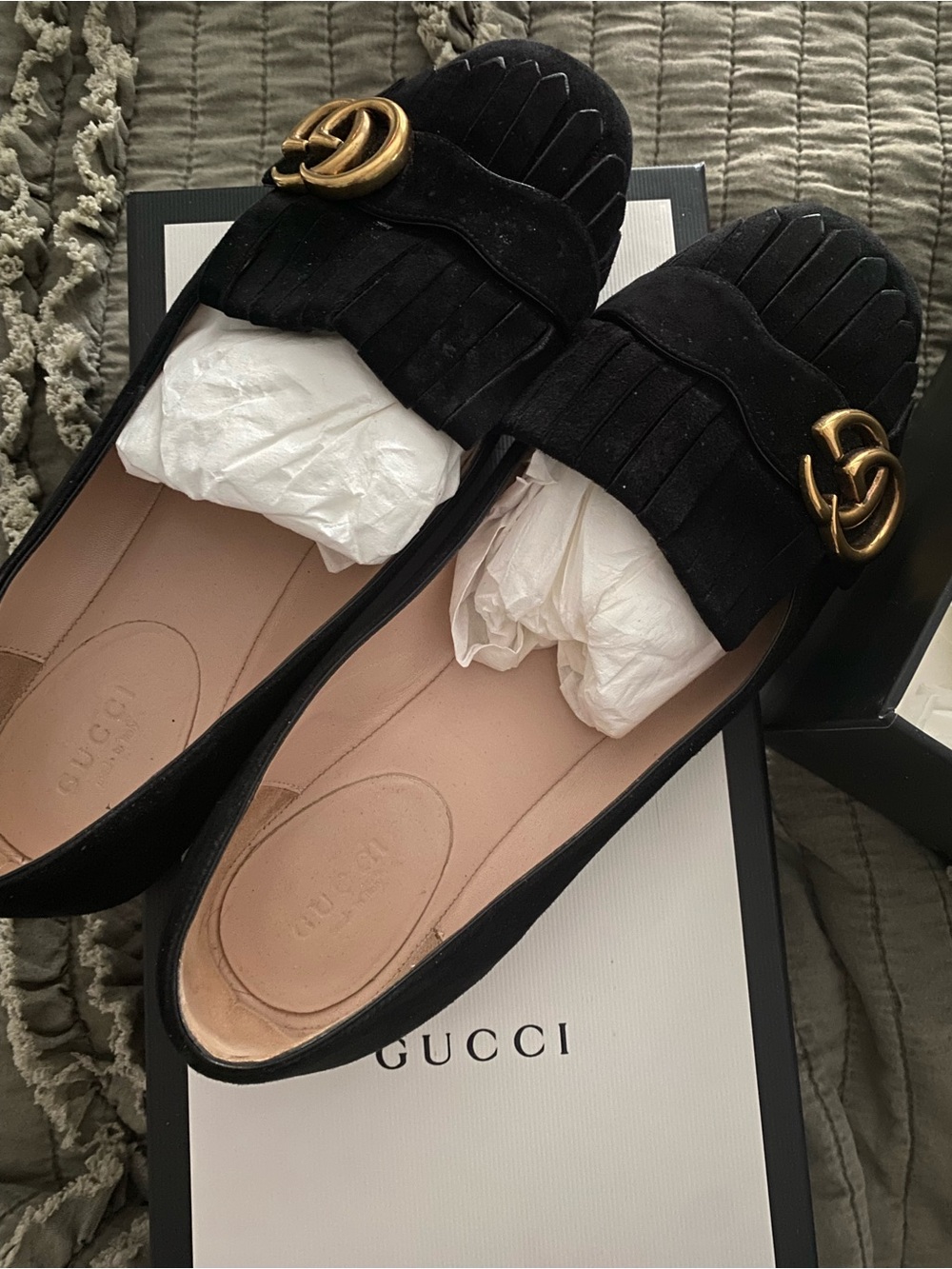 Gucci Black Velvet Fringe Loafers with Gold Double G - Picture 4 of 6